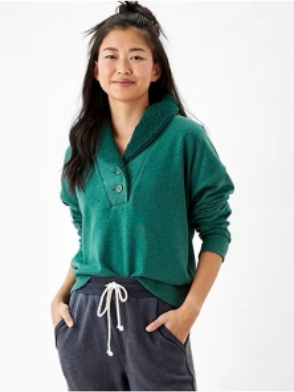 American Eagle Women Green Sherpa Collar Henley Sweatshirt Fleece Lined